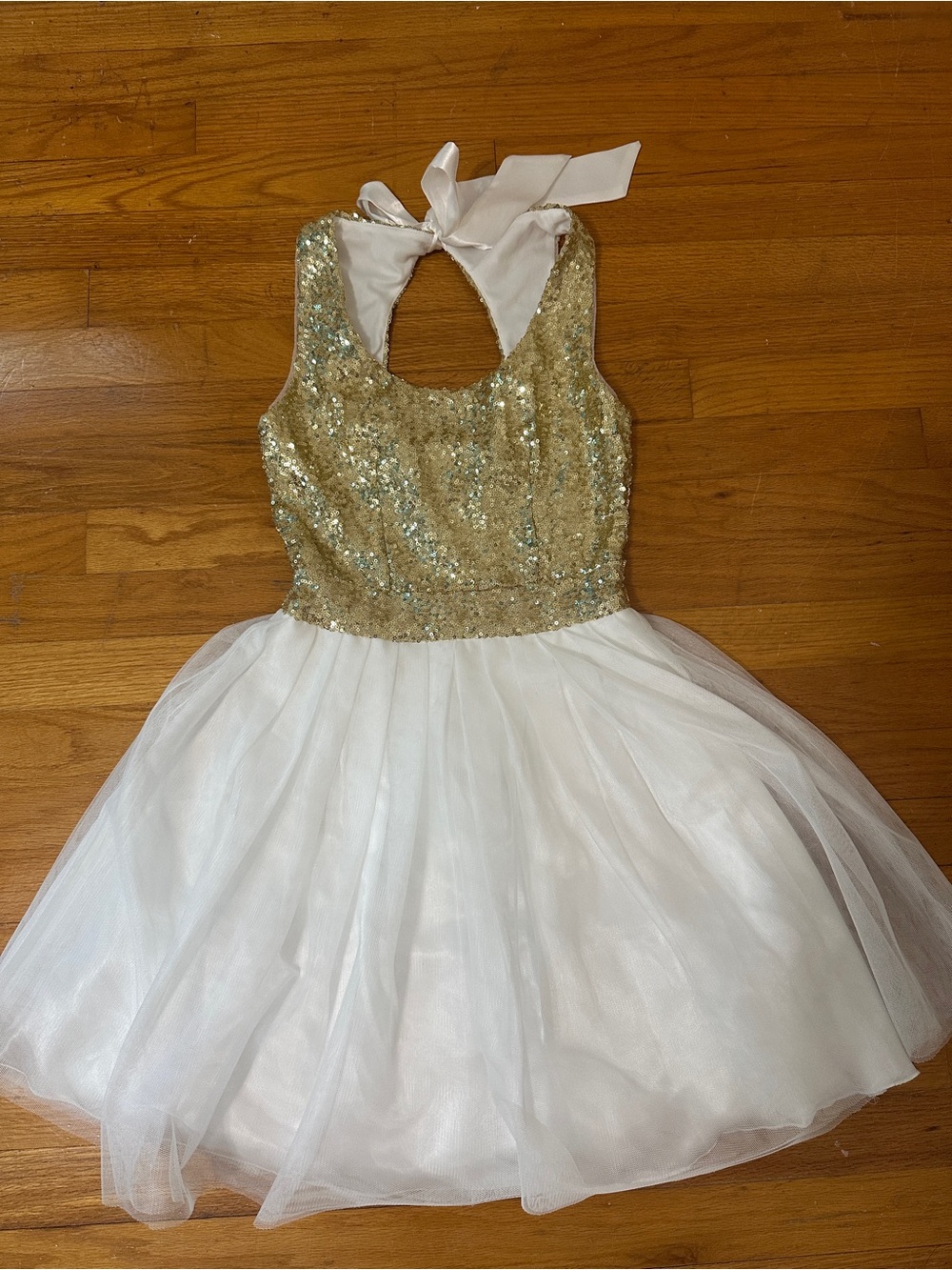 B Darlin Gold Sequin Bodice White Tulle Halter Dance Dress
